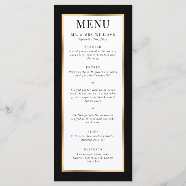 Menu Casamento Dourado e branco preto moderno elegante (Frente)
