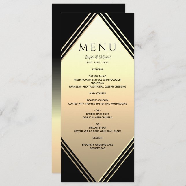 Menu Casamento Dourado e Negro Elegante (Frente/Verso)