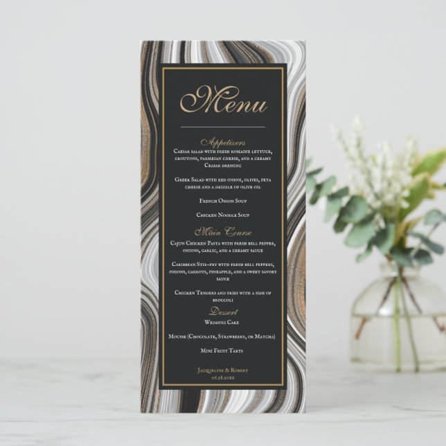 Menu Casamento Dourado e negro elegante de mármore (Em pé/Frente)
