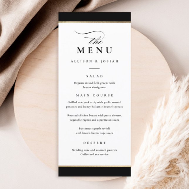 Menu Casamento Dourado e negro legante (Elegant black and white with gold frame wedding menu.)