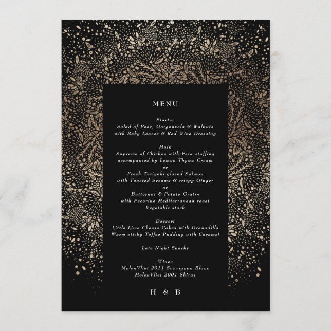 Menu Casamento Dourado e preto desenhado à mão branca (Frente)