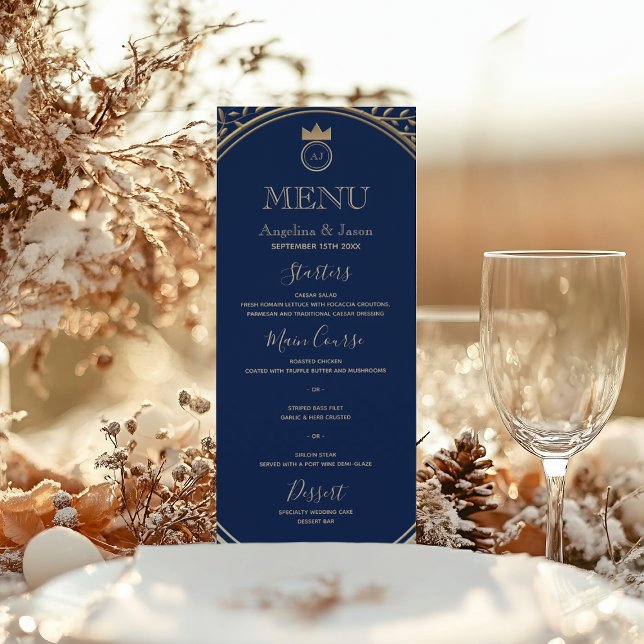 Menu Casamento Dourado e Real Azul Elegante Clássico (Criador carregado)