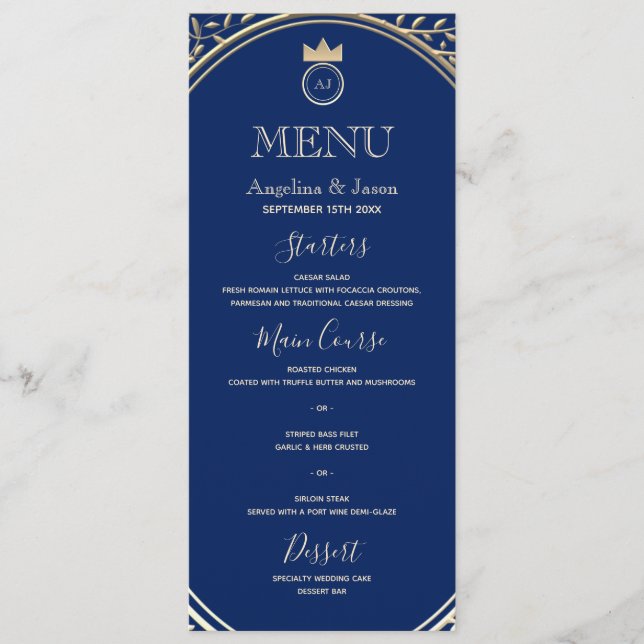 Menu Casamento Dourado e Real Azul Elegante Clássico (Frente)
