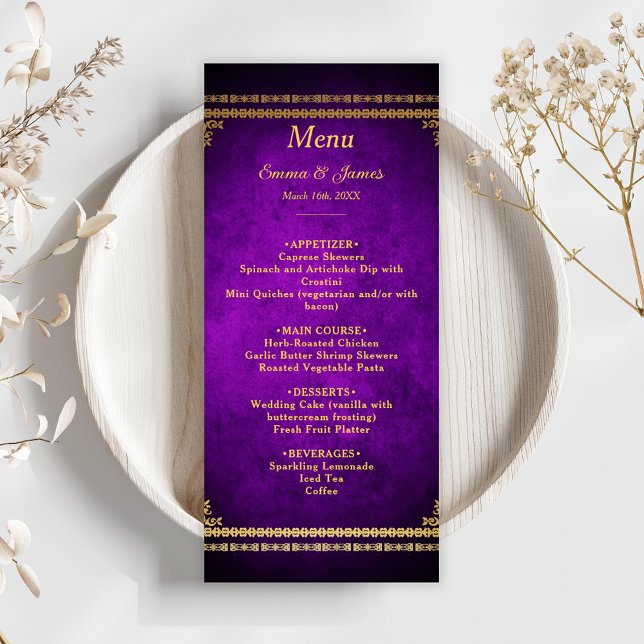 Menu Casamento Dourado e Roxo Real Luxuoso (Criador carregado)