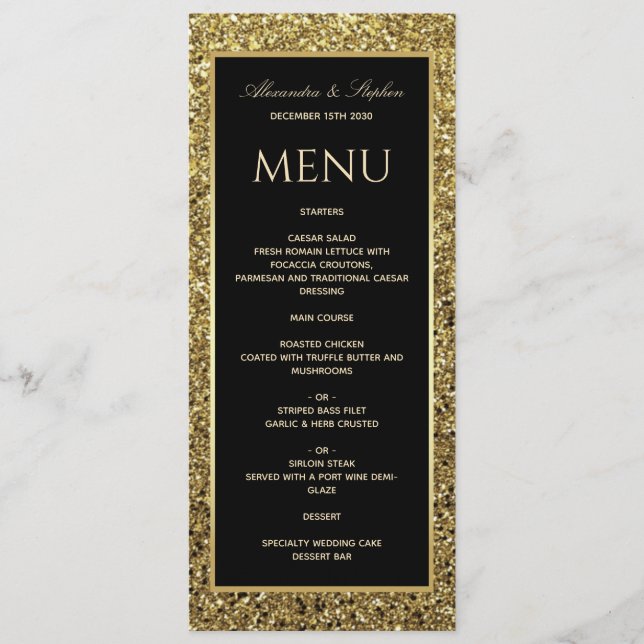 Menu Casamento Dourado Elegante de Preto e Brilho (Frente)