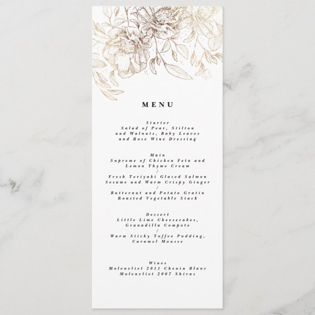 Menu Casamento Dourado Elegante Florals (Frente)