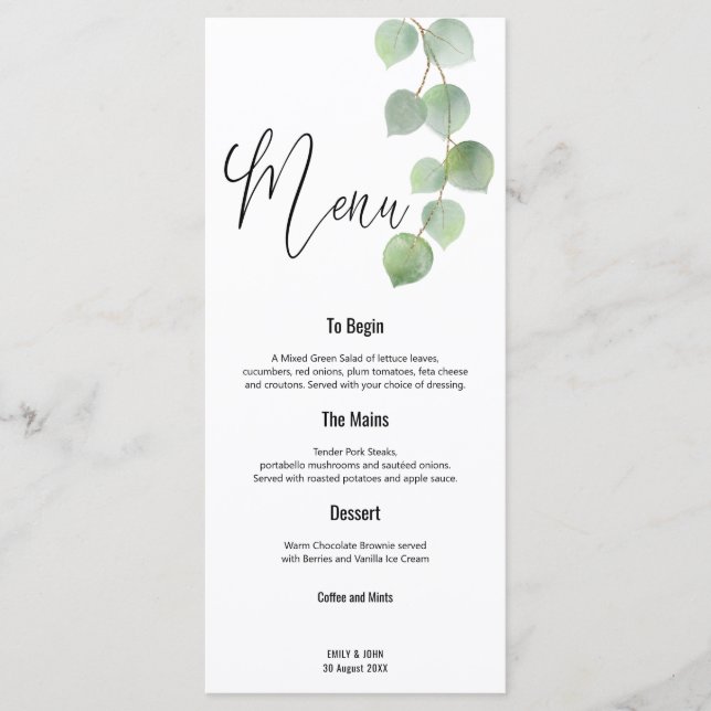 Menu Casamento Dourado Eucalyptus Leaf Script Elegante  (Frente)