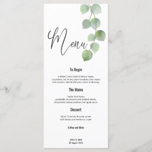 Menu Casamento Dourado Eucalyptus Leaf Script Elegante