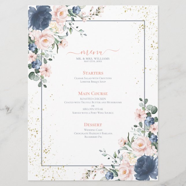 Menu Casamento Dourado Floral Cor-de-rosa-rosa-claro-az (Frente)