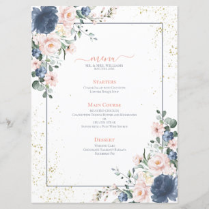Menu Casamento Dourado Floral Cor-de-rosa-rosa-claro-az