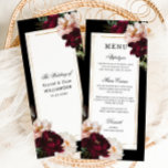 Menu Casamento Dourado Floral de Blush Moody Burgundy E<br><div class="desc">Personalize este elegante cartão de cardápio elegante para casamento, fácil e rapidamente. Basta clicar no botão Editar usando ferramentas de Design para editar o texto, alterar as fontes e as cores das fontes. Apresentando lindas e realistas flores de burgôs, pinceladas e penteadas contra um fundo preto escuro. Itens correspondentes disponíveis...</div>