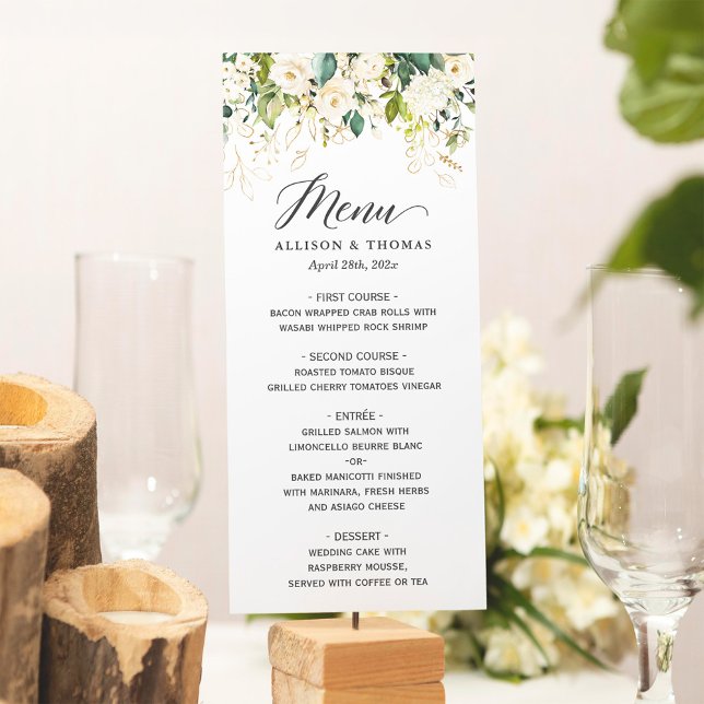 Menu Casamento Dourado Floral de Rosas Brancas (Criador carregado)