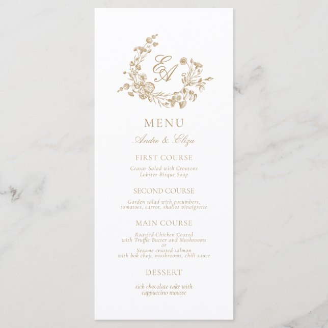 Menu Casamento Dourado Floral e Monograma Branco Elegan (Frente)