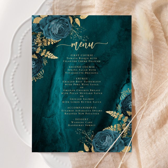 Menu Casamento Dourado Floral Elegante Azul Teal (Criador carregado)