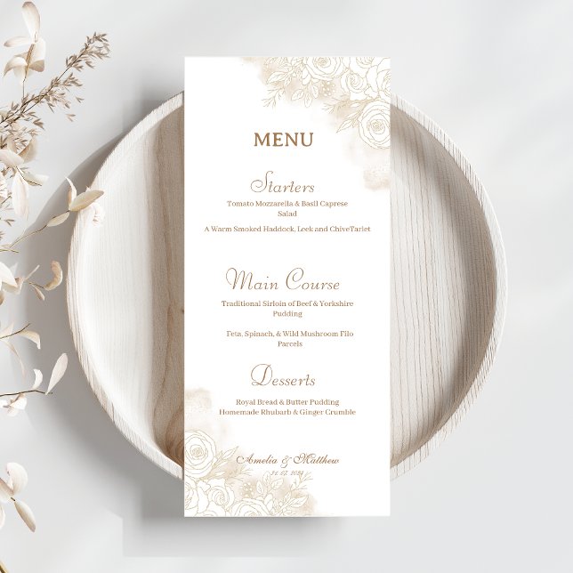 Menu Casamento Dourado Floral Elegante Minimalista (Criador carregado)