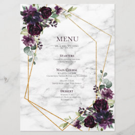 Menu Casamento Dourado Geométrico de Mármore Roxo de Pl