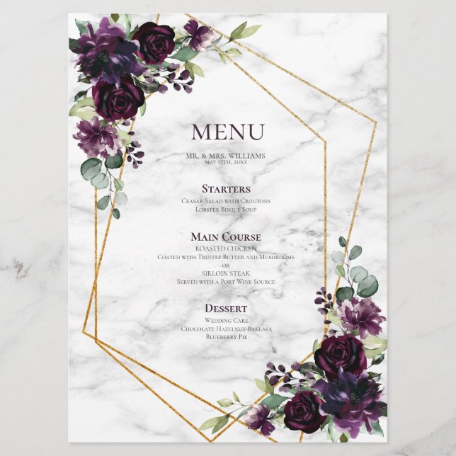 Menu Casamento Dourado Geométrico de Mármore Roxo de Pl (Frente)