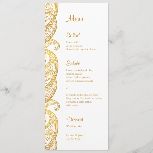 Menu Casamento Dourado índio tradicional Paisley (Frente)