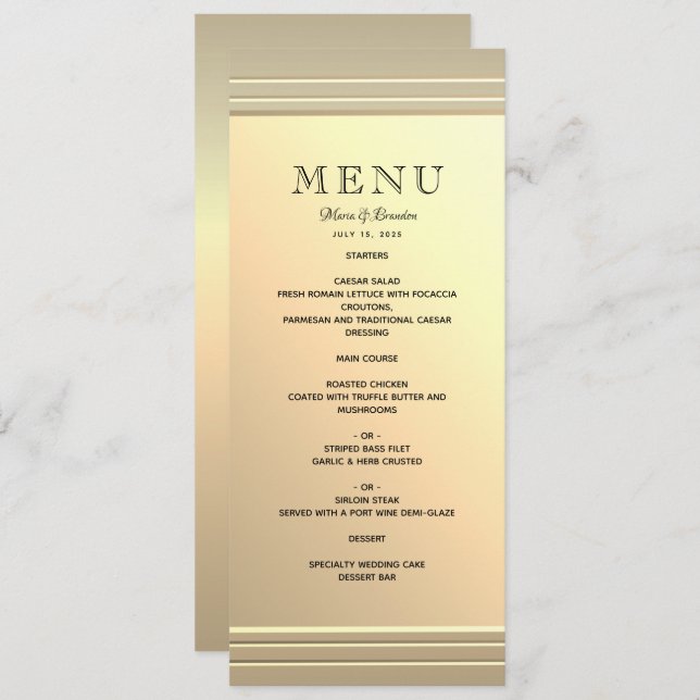 Menu Casamento Dourado Minimalista Faux (Frente/Verso)