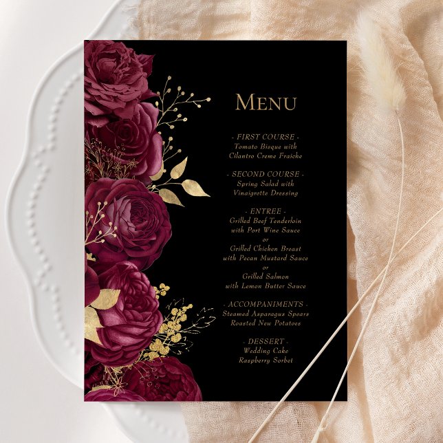 Menu Casamento Dourado Negro Floral Romântico Burgundy (Criador carregado)