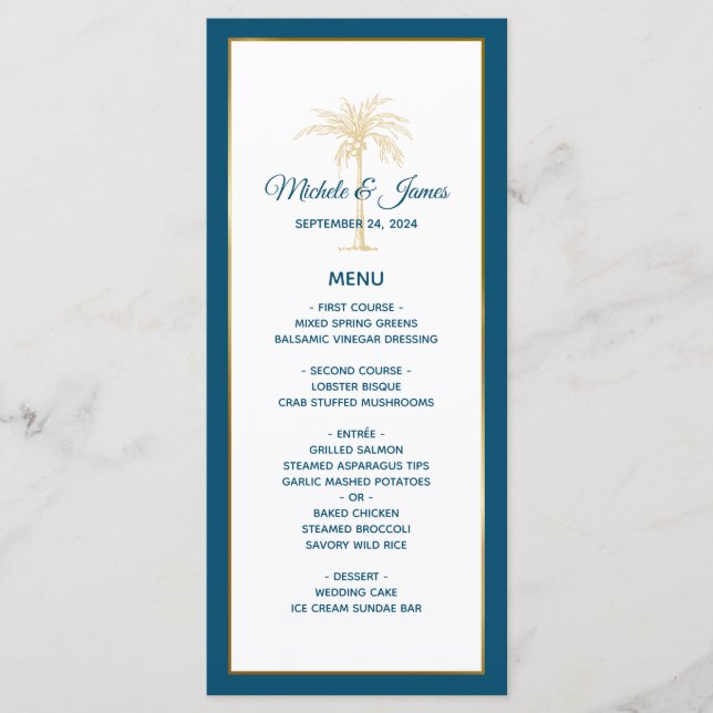 Menu Casamento Dourado Palm Tree Beach do Oceano Tropic (Frente)