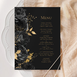 Menu Casamento Dourado Romântico Preto Escuro Floral Ro