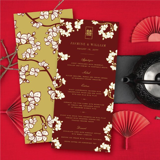 Menu Casamento Dupla Felicidade Flor de Pêssego/Maravil (Ivory Peach/Plum Blossoms Double Happiness Floral Chinese Wedding Menu Card @ fatfatin_red_knot)