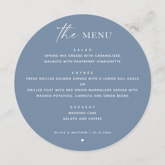 Menu Casamento Dusty Blue Costeiro Moderno | Rodada à B (Frente)