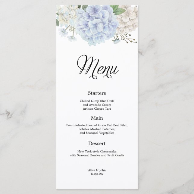 Menu Casamento Dusty Blue Hydrangea (Frente)