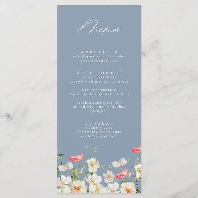 Menu Casamento Dusty Blue Primavera Peony Watercol (Frente)