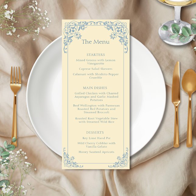 Menu Casamento Elegante Azul-Amarelo-Amarelo-Mante (Elegant butter yellow and dusty blue vintage old money shabby chic coastal wedding event menu)