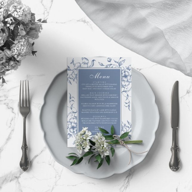 Menu Casamento Elegante Azul-Dusty Floral (Criador carregado)