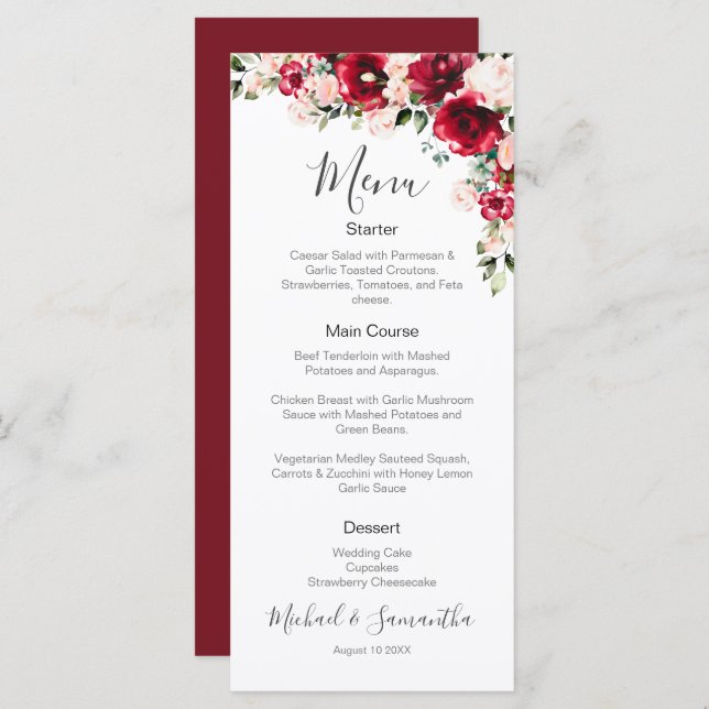 Menu Casamento Elegante Blush e Rosa vermelha (Frente/Verso)