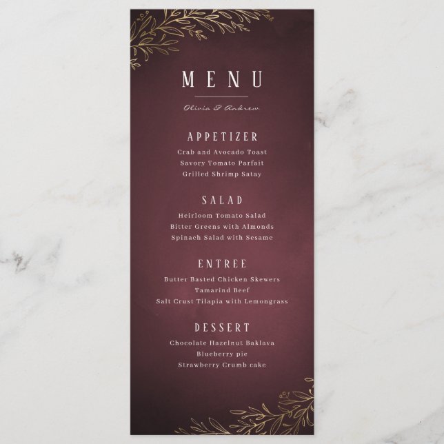 Menu Casamento elegante botânico burgundo dourado (Frente)