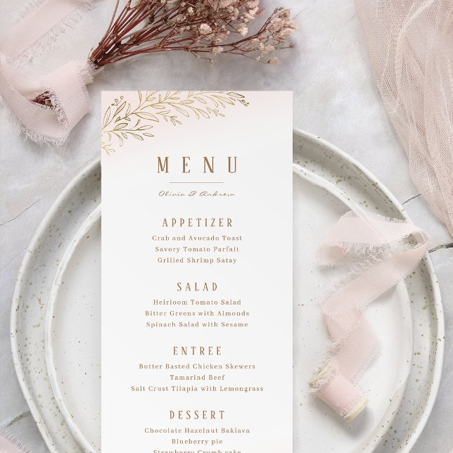 Menu Casamento elegante botânico dourado (Blush and gold gilded botanical elegant wedding menu)