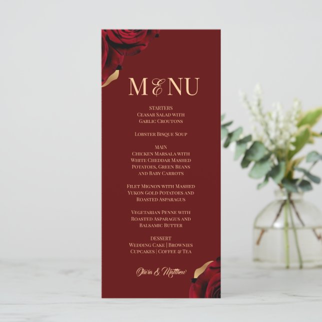 Menu Casamento Elegante Burgundy Dourado  (Em pé/Frente)