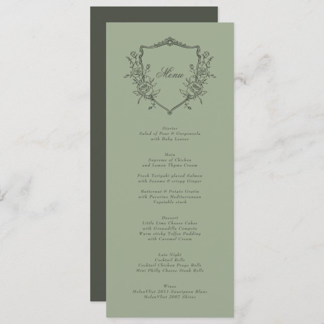 Menu Casamento Elegante Clássico de Crest Olive Sage (Frente/Verso)