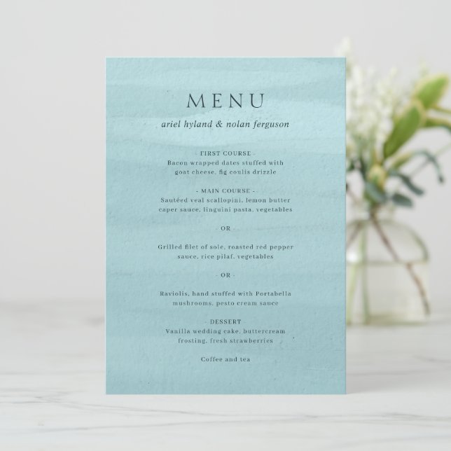 Menu Casamento Elegante com Aquarela Azul Moderna (Em pé/Frente)