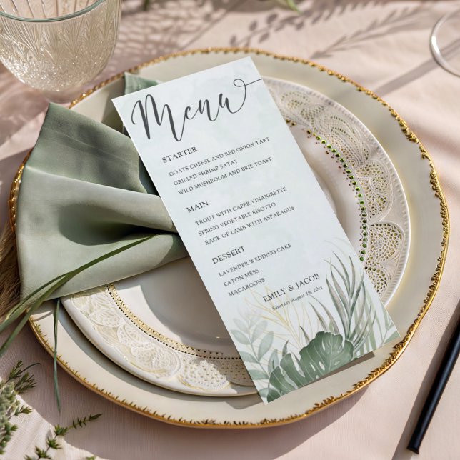 Menu Casamento Elegante com Aquarela Tropical Verde (Criador carregado)