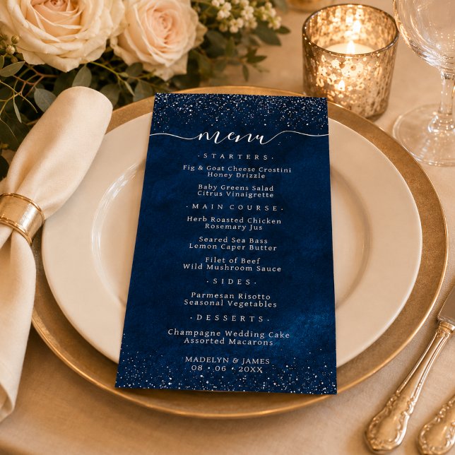 Menu Casamento Elegante com Brilho Azul Marinho (Criador carregado)