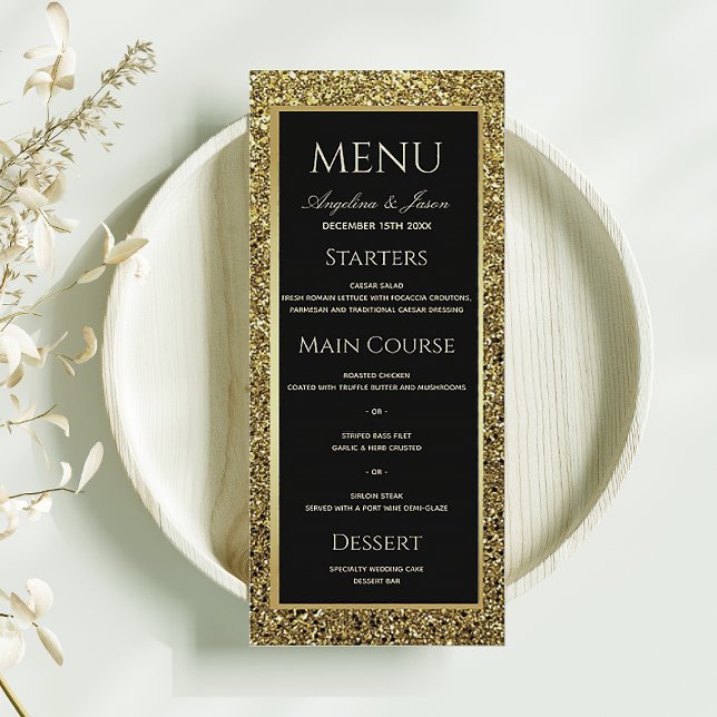 Menu Casamento Elegante com Brilho Preto e Dourado (Criador carregado)