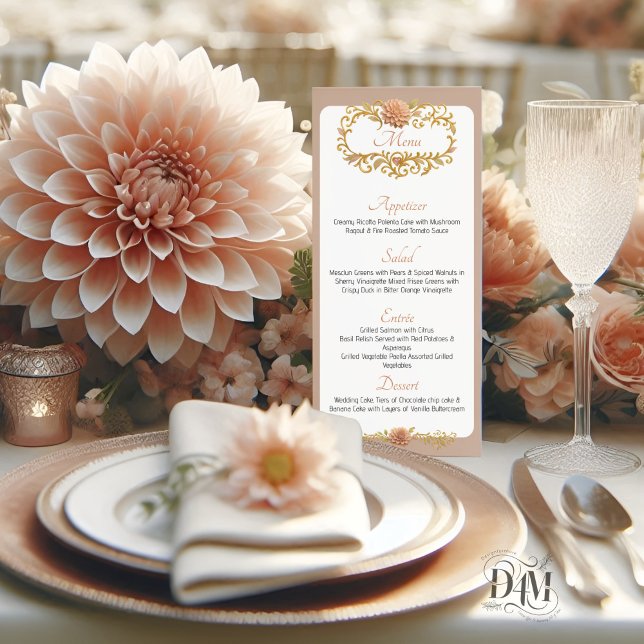 Menu Casamento Elegante com Dahlias Blush e Letra Doura (Criador carregado)