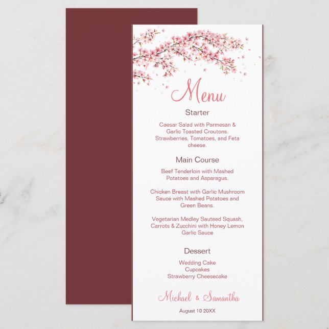 Menu Casamento Elegante com Flor de Cerejeira (Frente/Verso)