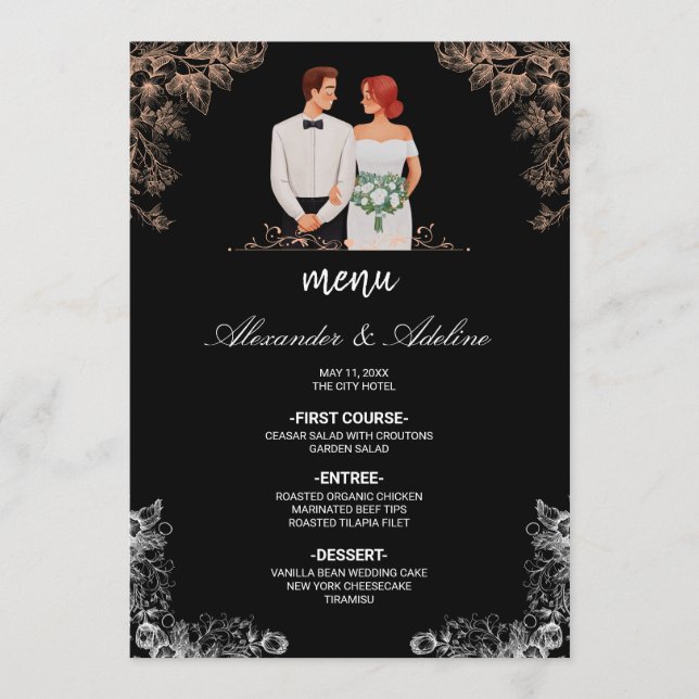Menu Casamento Elegante com Floral Escuro (Frente)