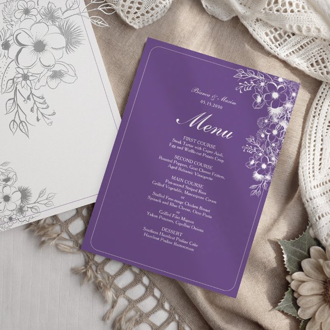 Menu Casamento Elegante com Floral Roxa (Criador carregado)