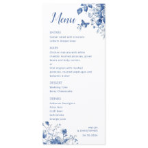 Menu Casamento Elegante com flores azuis delicadas