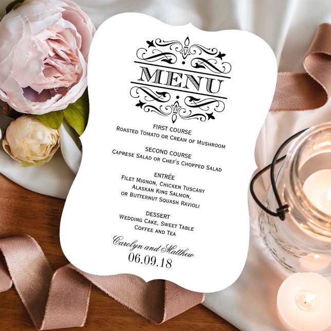 Menu Casamento Elegante com Flores Negras Vintage (Criador carregado)