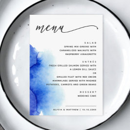 Menu Casamento elegante com letra náutica azul aquarela