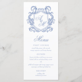 Menu Casamento Elegante com Monograma e Brasão em Azul