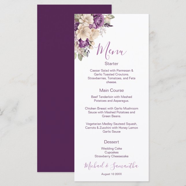 Menu Casamento Elegante com Rosa Roxa e Marfim (Frente/Verso)